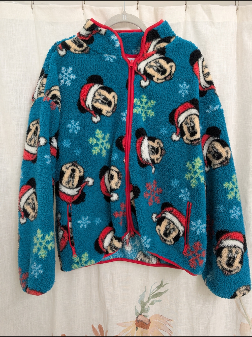 Disney Teal Fleece Jacket with Red Trim and Mickey Holiday Print